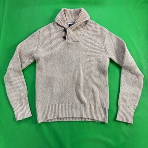 H&M LOGG Shawl Collar Sweater Mens M/L Tan Chunky Rib Knit Pullover Button Neck